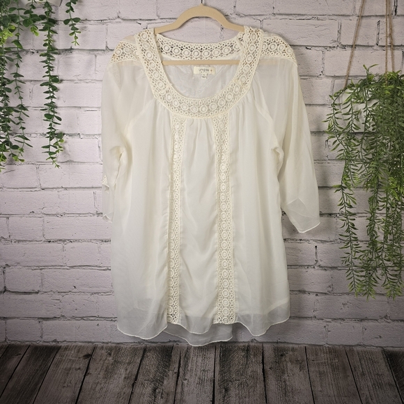 Umgee Cream Blouse with Bib Collar and CROCHETED Embellishments 3/4 SLEEVE 2XL - Picture 1 of 9